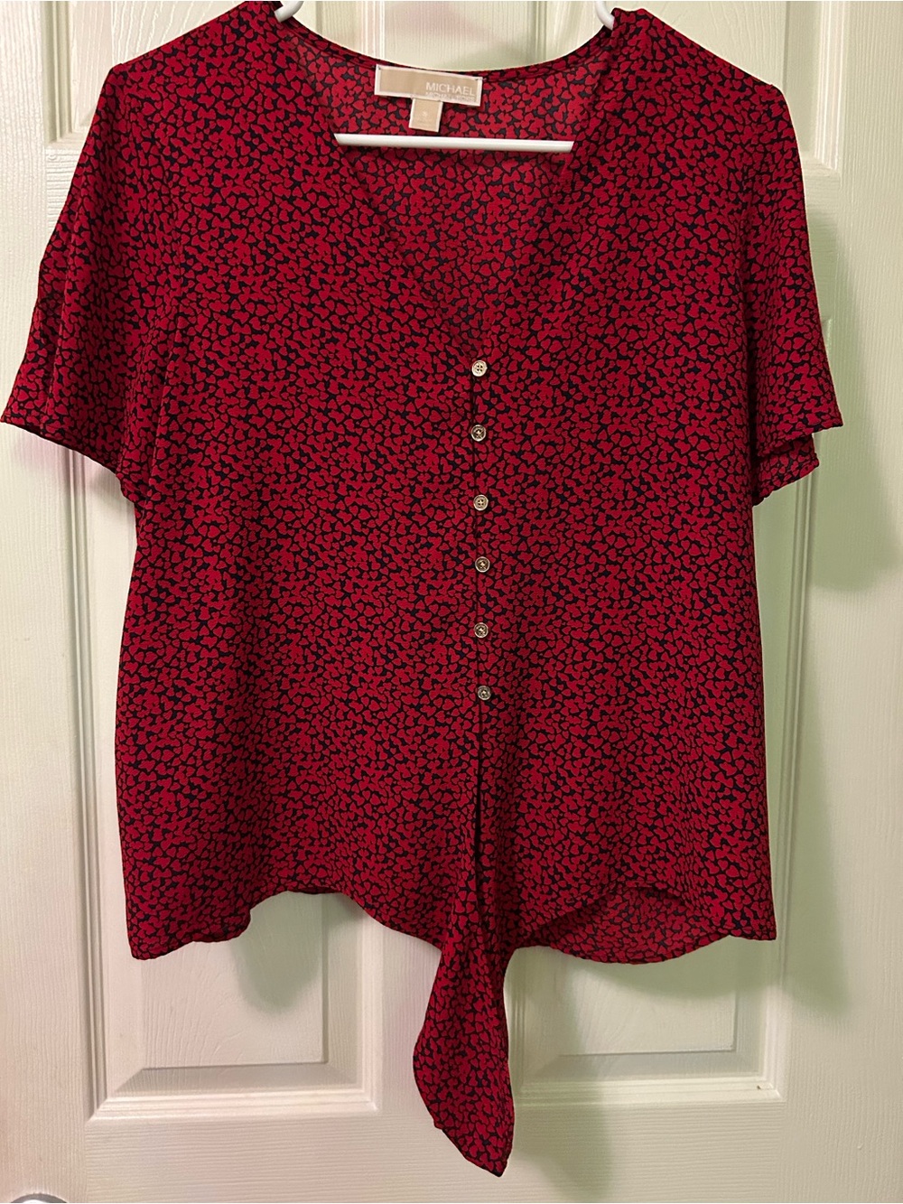 Michael Kors Red and Black Printed Button-Front Tie-Hem Blouse